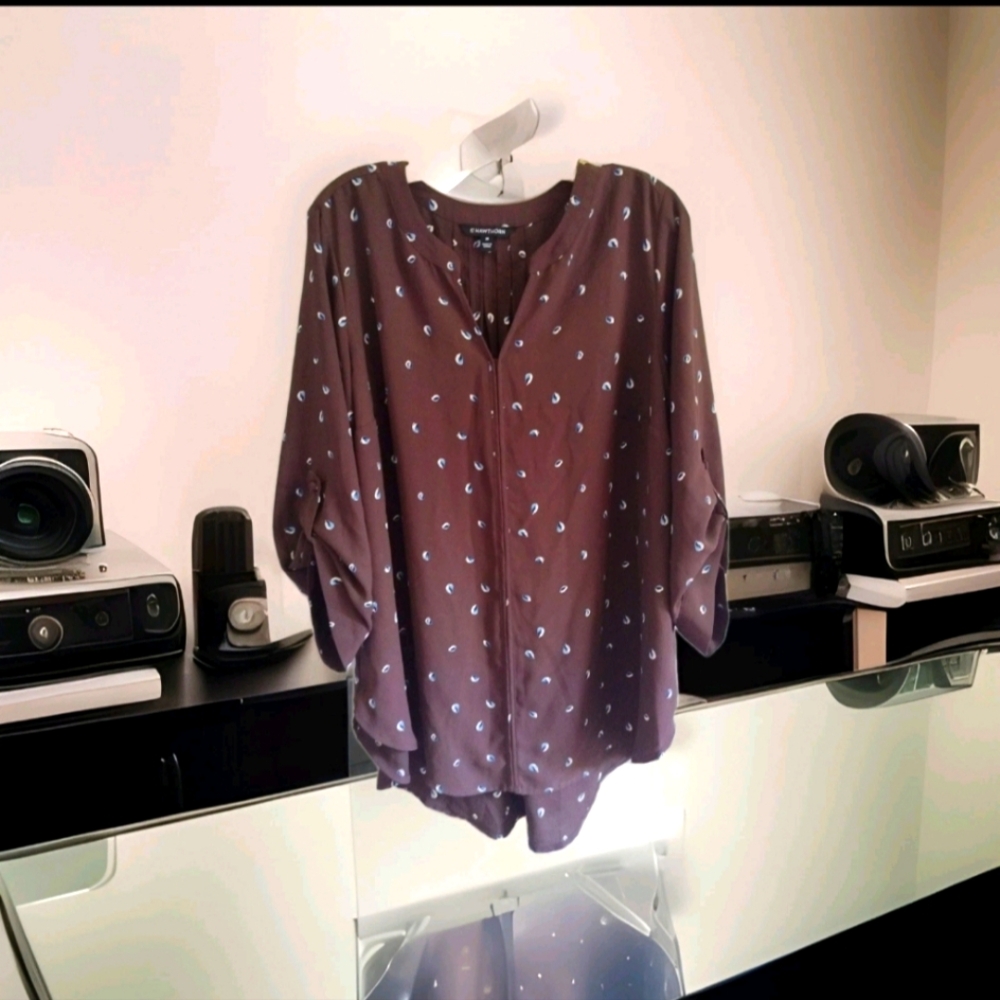 41 Hawthorn Blouse 2X Brown Print Split Neck High-Low Pleated Back Roll Sleeve